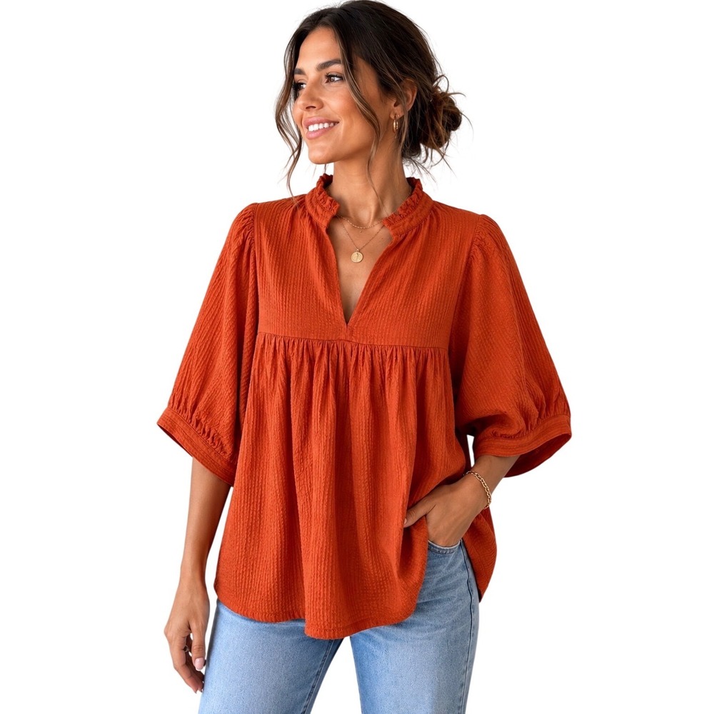 NWT Never A Wallflower Rust Orange Seersucker Puff Sleeve Blouse Large